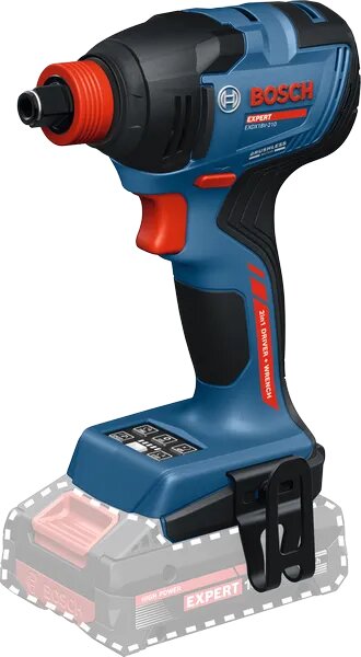 Blå och svart Bosch EXDX18V-210 slagskruvdragare, med 1/4" sexkant och 1/2" fyrkant, visas utan batteri.