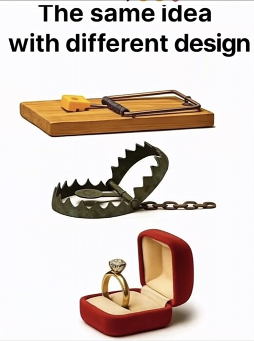 Tre fällor: råttfälla, björnsax och ringask med diamantring, jämförda som olika design för samma idé.