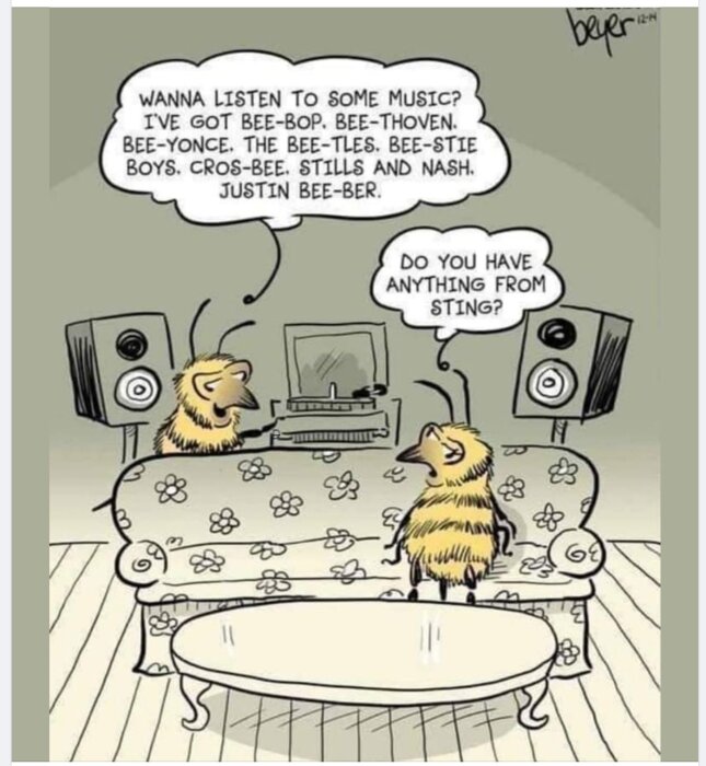 Två tecknade bin sitter på en blommig soffa framför en stereo och diskuterar musik; ett bi nämner artistnamn med "bee"-ordlekar.