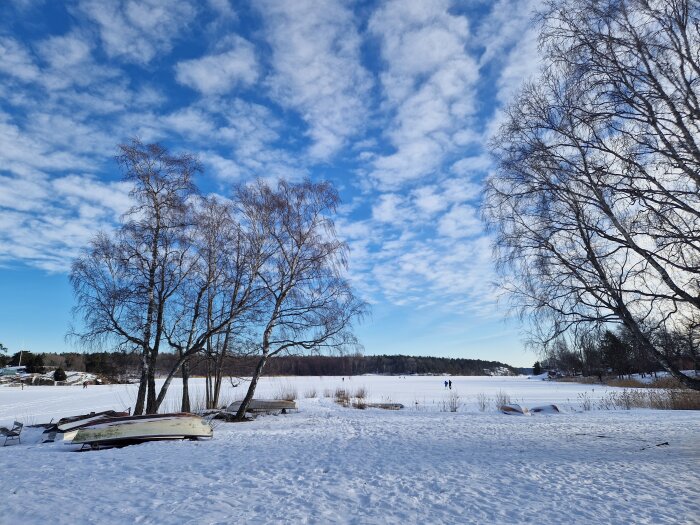 Snötäckt landskap vid en frusen sjö med några upp-och-nedvända båtar, träd med nakna grenar och personer som går på isen under en molnig blå himmel.