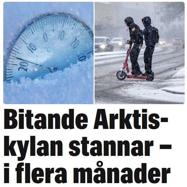 Snötäckt termometer vid -10 grader och personer åker elsparkcykel i snöigt väder, med rubrik som beskriver arktisk kyla som varar i månader.