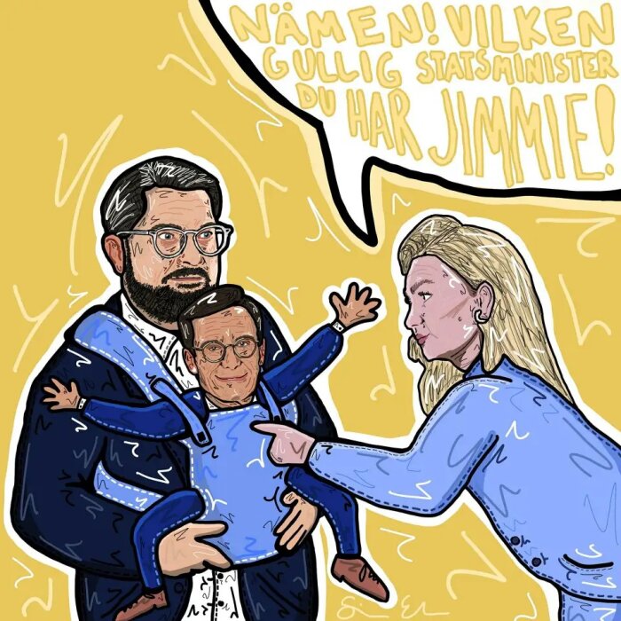 Illustration av två vuxna och en bebis med ett politiskt budskap i pratbubbla.