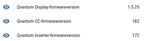 Firmwareversioner för Qvantum: Display 1.5.25, CC 182, Inverter 172, visas i en lista med blå ikoner bredvid varje post.