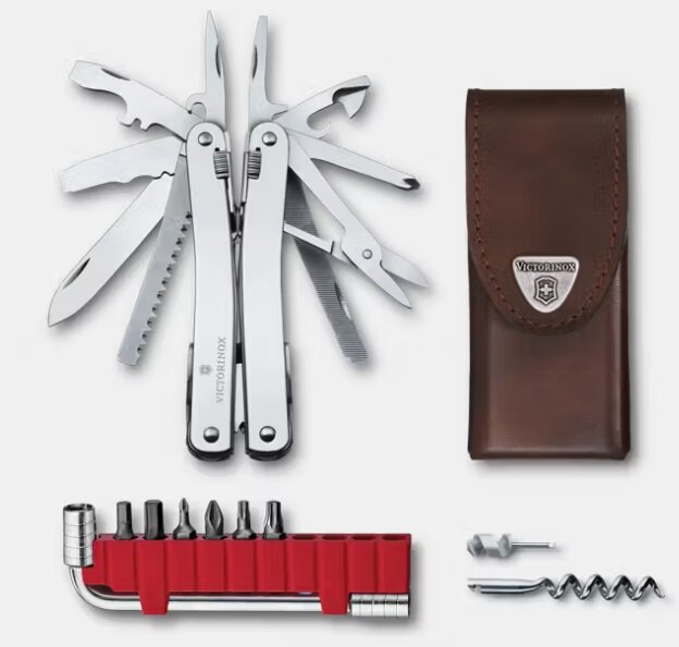 Multiverktyg Victorinox Swiss Tool Spirit X Plus med tillbehör och fodral.