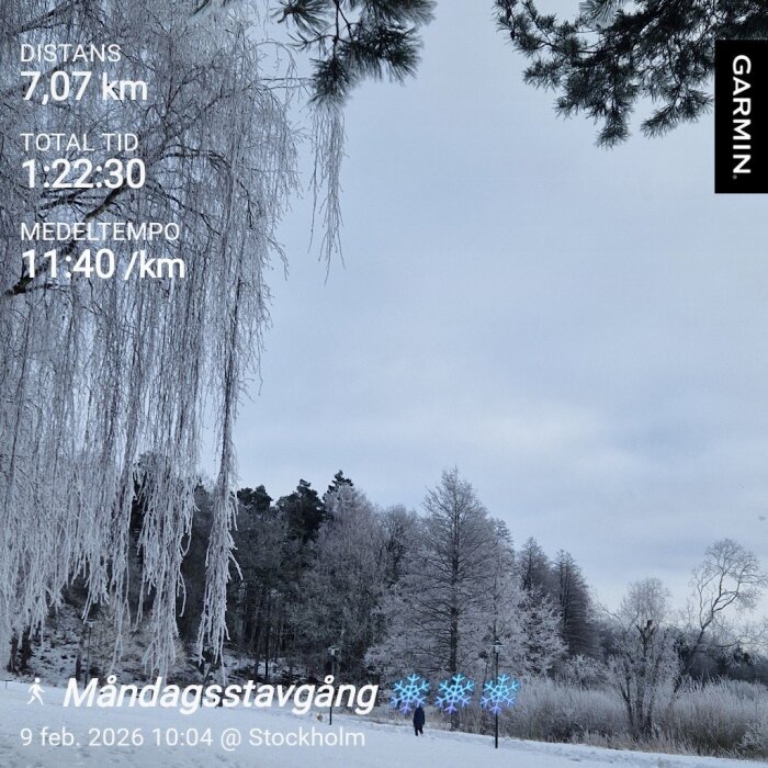 Vinterlandskap med snötäckta träd och en person som går i snön. Text visar distans och tid för stavgång.