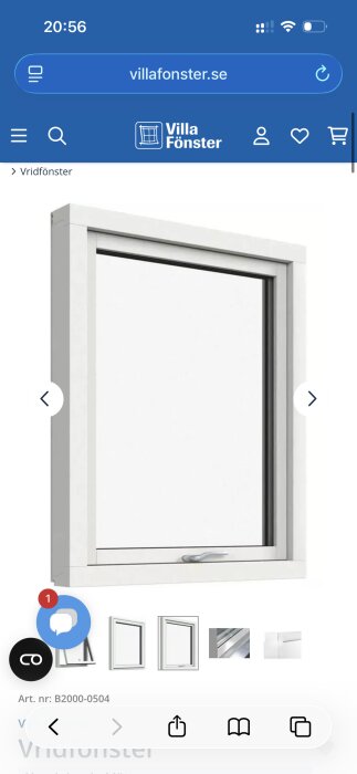 Bild av ett vitmålat vridfönster från en webbutik, visas med detaljerad ram och handtag nederst.