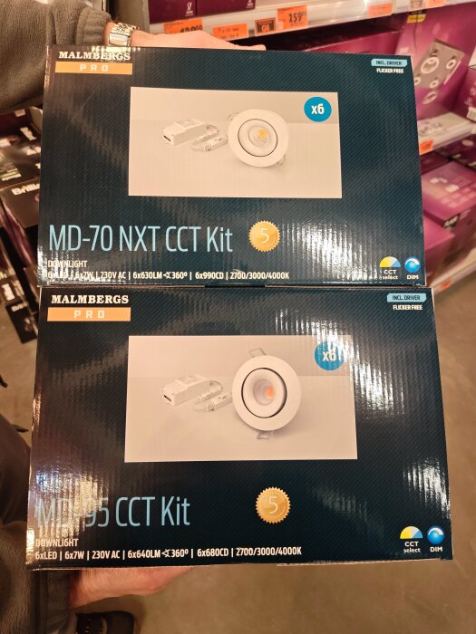 Förpackning med Malmbergs PRO LED-downlight-kit MD-70 och MD-95, båda med 5 års garanti.