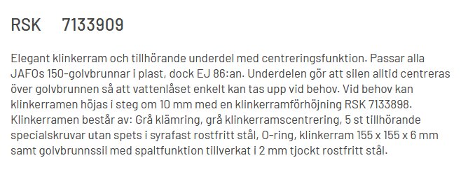 Textbeskrivning av JAFOs klinkerram med specifikationer och komponentdetaljer, inklusive RSK-nummer och användningsområden.