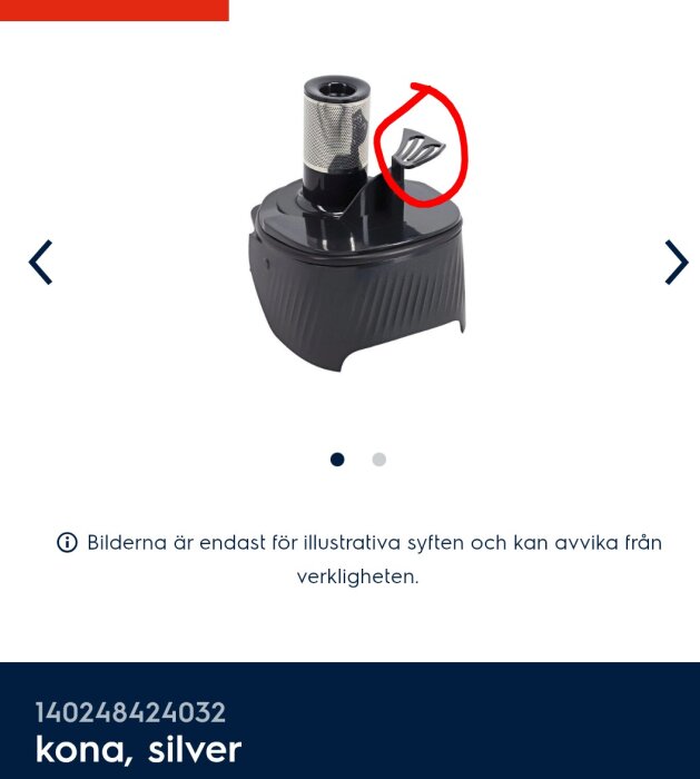 Del av Electrolux Q600 dammsugare, visar borttappad flärp markerad i rött, ovanpå ett cylinderfilter och en svart komponent.