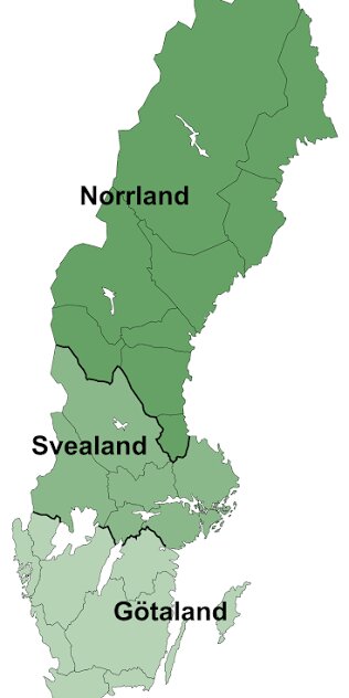 Karta över Sverige som visar Norrland, Svealand och Götaland.