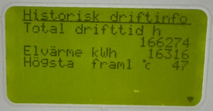 Display med historisk driftinfo, visar total drifttid 166274 timmar, elvärme 16316 kWh och högsta framledningstemperatur 47°C.