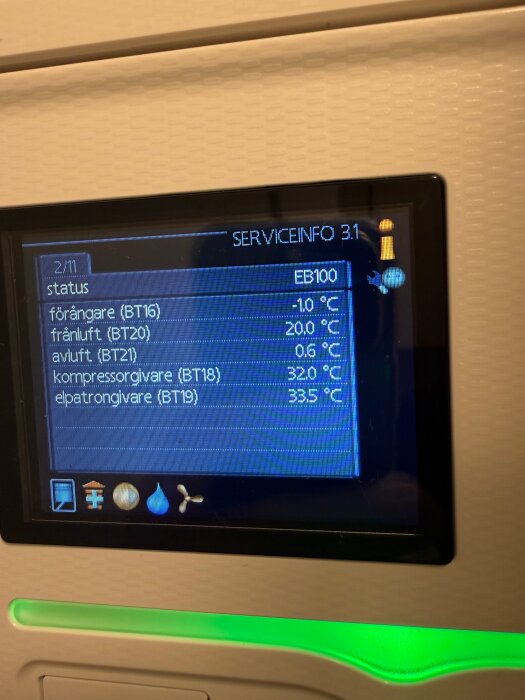 Display på värmepump Nibe F370 visar temperaturer för olika givare och systemstatus.