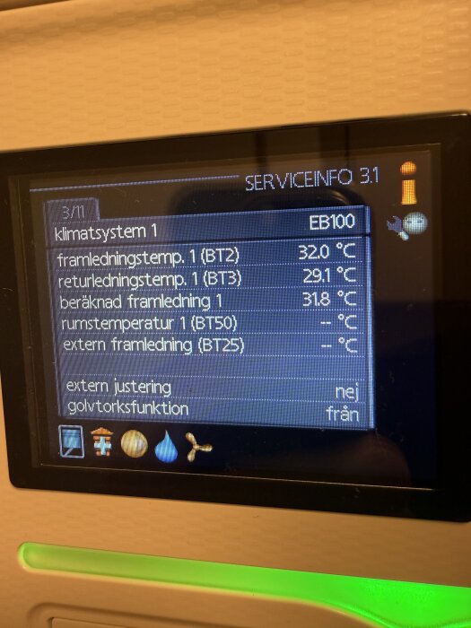 Skärm på Nibe F370 med servicemeny som visar framledningstemp 32°C och returlledningstemp 29,1°C samt andra systeminställningar.