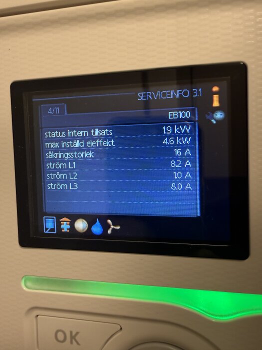 Display på Nibe F370 som visar serviceinformation, interna tillsatsens effekt är 1,9 kW.