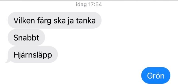 SMS-konversation där en dotter frågar om färgen på tanklocket, "Grön" är svaret.