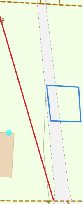 Karta med röd linje visar ledningsrätt, hus till vänster och planerat garage till höger. Gamla skiftesvägen syns som grön yta vid infarten.