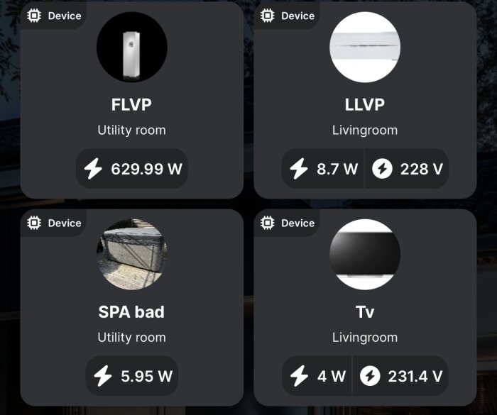 Smart energimätning av enhetsanvändning: FLVP 629.99 W, LLVP 8.7 W, SPA bad 5.95 W, TV 4 W, visas på bild med Shelly 3em enheter.
