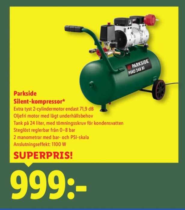 Grön kompressor från Parkside med 24 liters tank och tyst motor på 71,9 dB, visas för 999 kr.