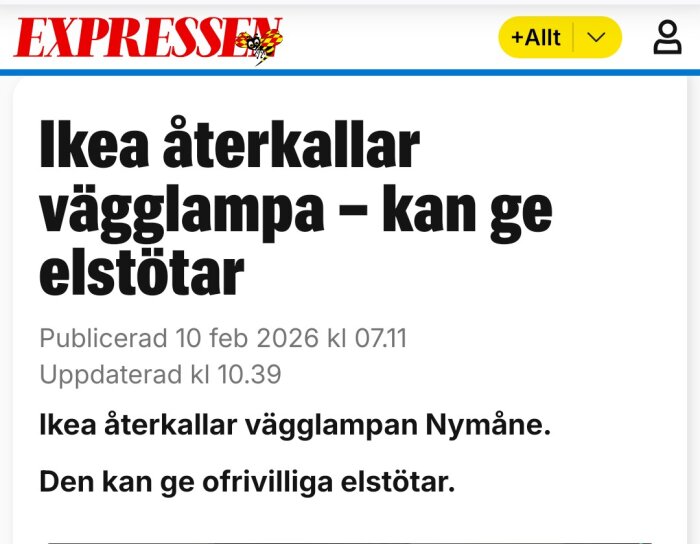 Tidningsartikel från Expressen om Ikea som återkallar vägglampa Nymåne på grund av risk för elstötar.