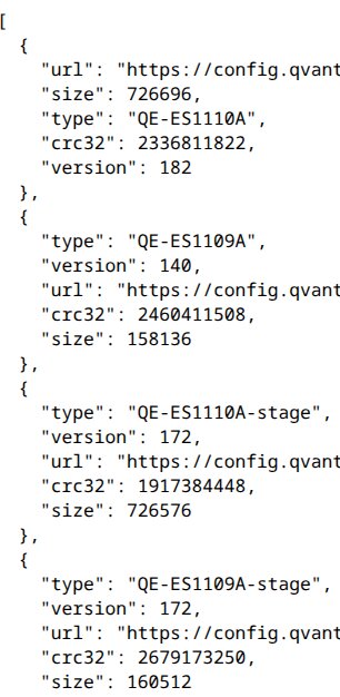 JSON-data visas med information om olika versioner, storlekar och URL:er för konfigurationer av typ "QE-ES1110A" och "QE-ES1109A".