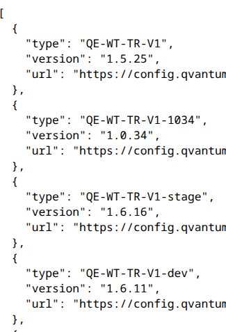 JSON-kod som listar olika typer och versioner av QE-WT-TR-V1 med tillhörande URL:er på config.qvantum.io.