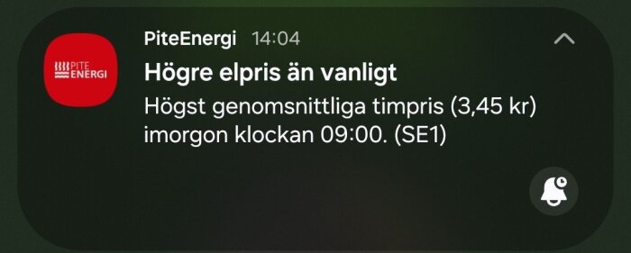 Pushnotis från PiteEnergi som meddelar högre elpris imorgon kl. 09:00, högsta timpris 3,45 kr.