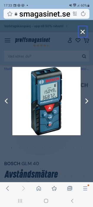 Bosch GLM 40 avståndsmätare med display visar mätningar i meter.