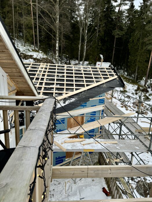Byggarbetsplats med tak under konstruktion och ställningar, omgiven av skog. Fokus på brutet hörn och träreglar på taket. Snö på marken.