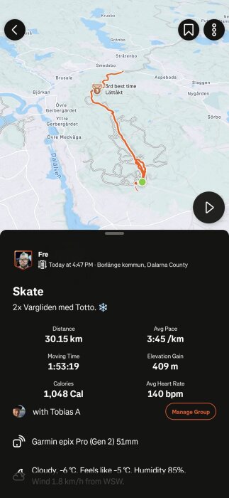 Karta över en skateåkning i Borlänge kommun med en rutt markerad. Information om distans, tid, medelhastighet, och väder visas.