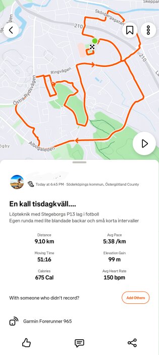 Karta över löprunda i Söderköpings kommun på 9,10 km. Detaljer: tid 51:16, medelhastighet 5:38/km, höjdökning 99 m, kalorier 675, puls 150 bpm.