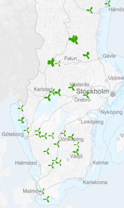 Karta över södra Sverige med markerade platser för planerade men ej byggda vindkraftverk.