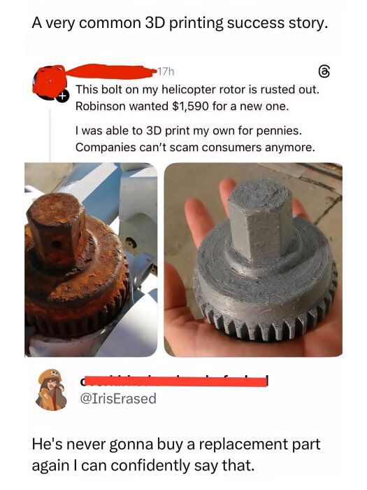 Två bilder, den första visar en rostig skruvdel på en helikopterrotor, den andra en nyligen 3D-printad kopia av samma del.