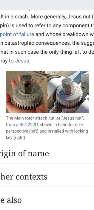Main rotor attach nut from a Bell 222U, shown in hand for size perspective (left) and installed with locking key (right).
