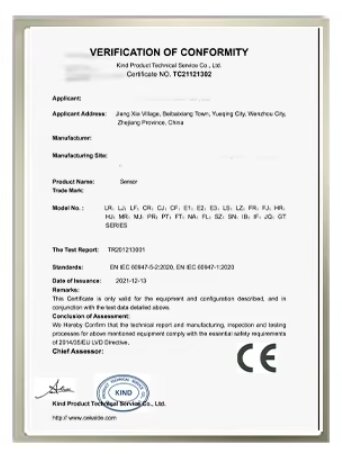 Verifikationscertifikat för en produkt med olika specifikationer och CE-märkning från Kind Product Technical Service Co., Ltd.