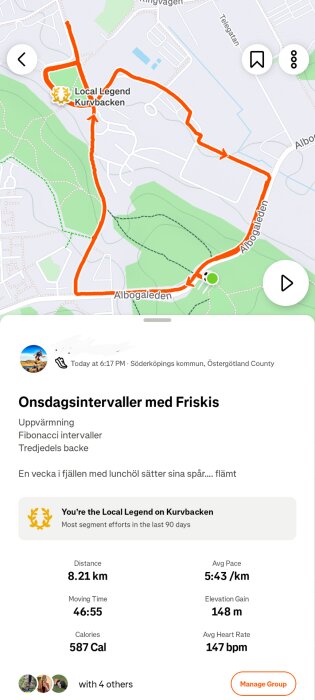 Karta över en löprunda i Söderköping med detaljer som distans, tempo och höjdskillnad. Markeringen visar rutten som en orange linje.