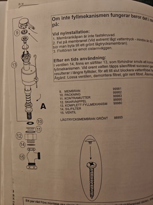 Illustrerad instruktion för WC-fyllmekanism, med olika komponenter numrerade och ett avsnitt om felsökning.