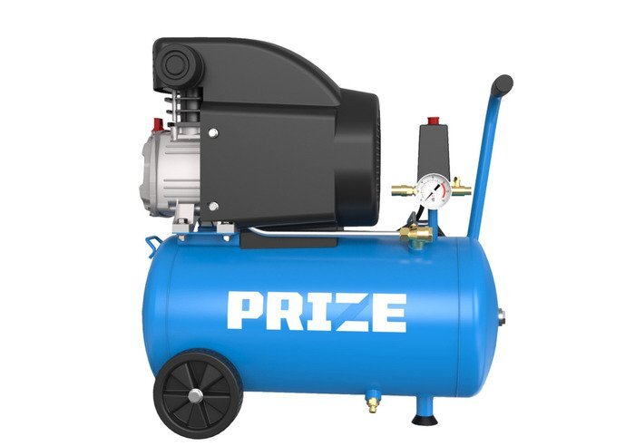Blå kompressor med mätare och svart motorhuv, märket "PRIZE" syns på tanken.