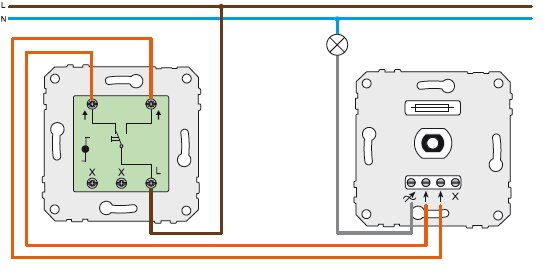 Kopplingsschema för två elektriska strömbrytare med ledningar och en ansluten lampa.