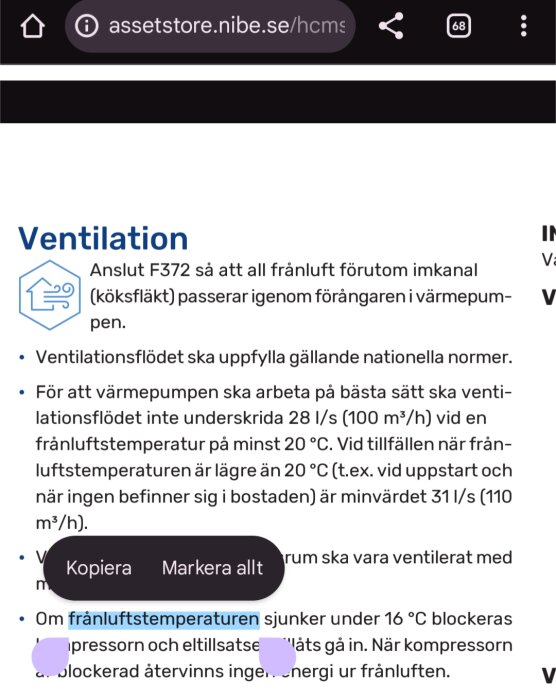 Instruktioner från Nibes databas om ventilation för värmepump F372.