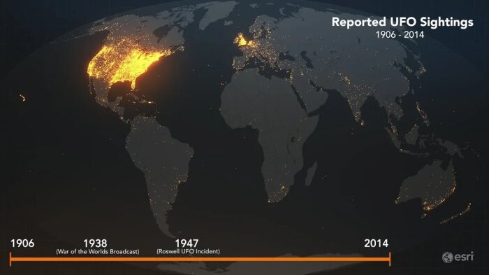 Karta över rapporterade UFO-observationer världen över mellan 1906 och 2014, med fokus på Nordamerika och delar av Europa.
