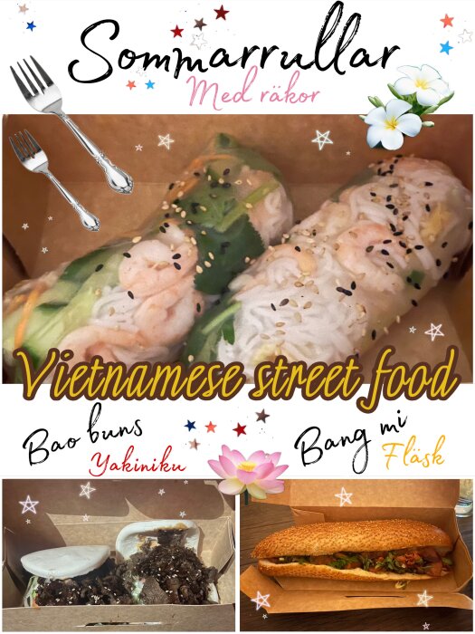 Bild av olika vietnamesiska street food-rätter inklusive sommarrullar med räkor, Bao buns med yakiniku och en Banh mi med fläsk i papperslådor.