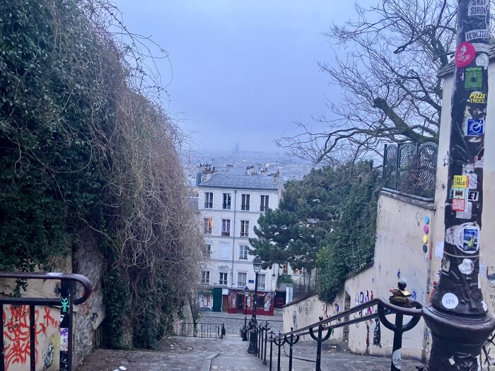 Trappa i Montmartre, Paris, omgiven av väggar med graffiti och klistermärken, träd bredvid, hus i bakgrunden och utsikt över staden.