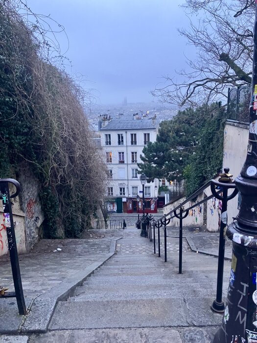 Trappa i Montmartre, Paris, med utsikt över en gata och dimmigt stadssiluett i bakgrunden. Väggar och lyktstolpe är dekorerade med graffiti.