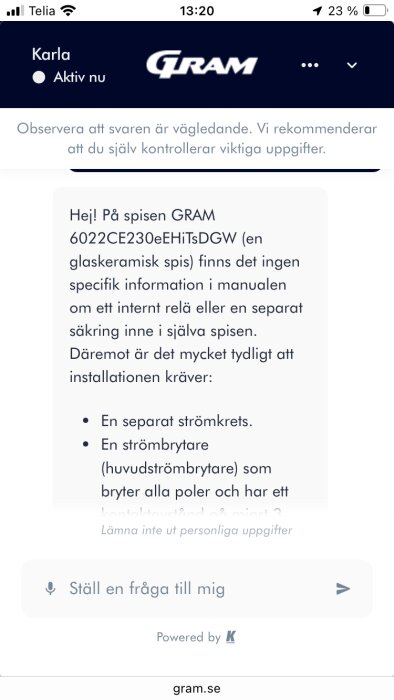 Textmeddelande på en webbplats som handlar om installation av en GRAM 6022CE230eEHiTsDGW spis och krav på separat strömkrets och huvudströmbrytare.