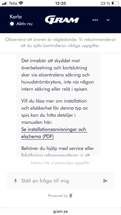 Instruktion om elinstallation och säkerhet för spisar med länk till manualens PDF hos Gram, samt en sektion för att ställa frågor.