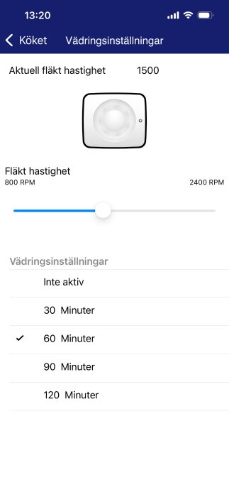 Appskärmbild för köksfläktens ventilation; inställningar för fläkthastighet och timer är synliga, aktuell hastighet 1500 RPM, timer 60 minuter.