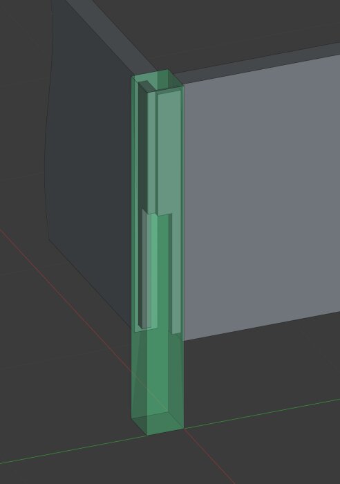 3D-rendering av en möbel med ett grönt glashörn och synlig intern struktur.