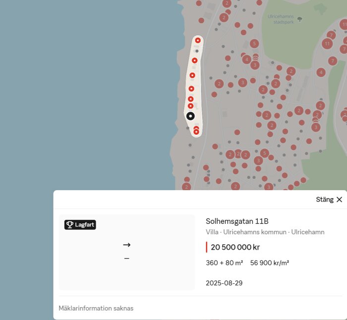 Karta som visar Solhemsgatan 11B i Ulricehamn, såld för 20 500 000 kr. Kartan visar omgivningen och pris/m²-information.
