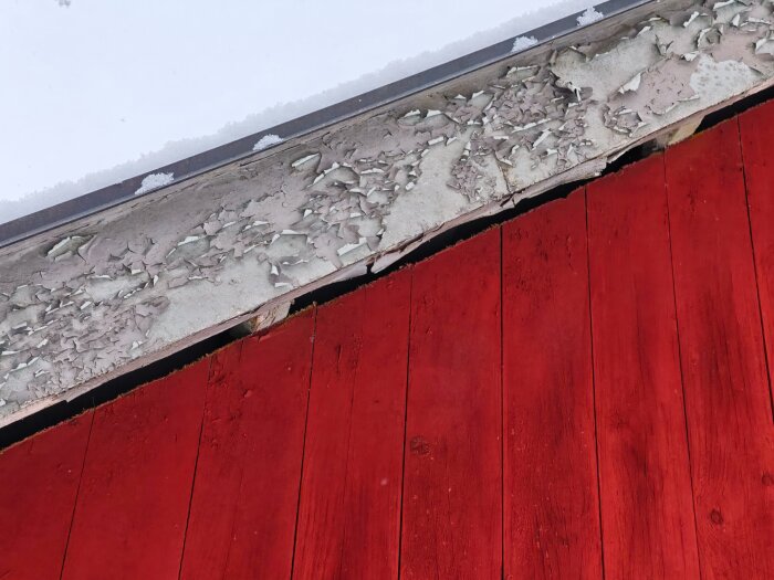 Flagad vit färg på husfasadens taklist, ovanför rödmålade träpaneler, med snö på takets kant.