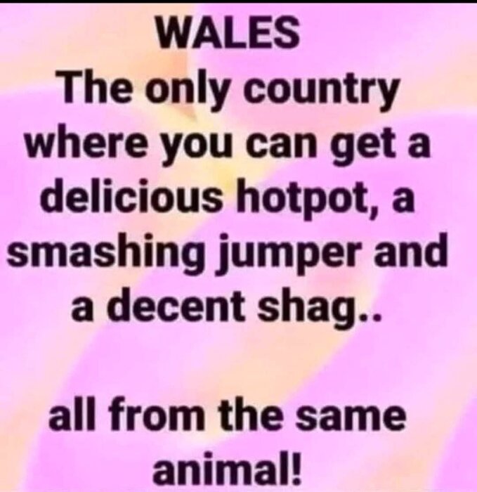 Text på en färgglad bakgrund: "WALES The only country where you can get a delicious hotpot, a smashing jumper and a decent shag.. all from the same animal!